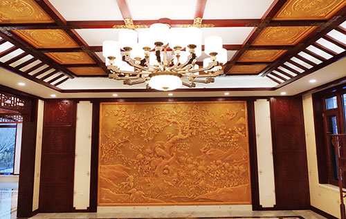 嘉善中式别墅客厅中式木作横梁吊顶装饰展示